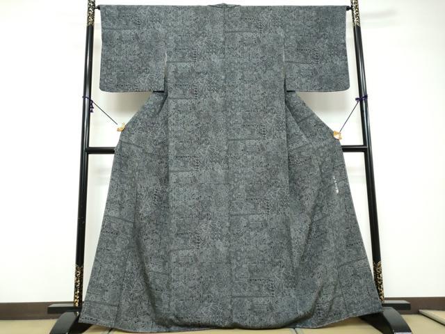 平和屋着物●小紋師　中島久雄　江戸小紋　更紗花文　黒地　正絹　逸品　DABI9287ud