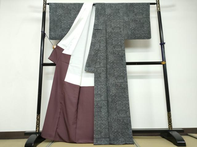 平和屋着物●小紋師　中島久雄　江戸小紋　更紗花文　黒地　正絹　逸品　DABI9287ud