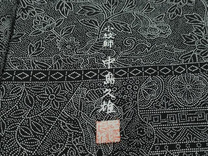 平和屋着物●小紋師　中島久雄　江戸小紋　更紗花文　黒地　正絹　逸品　DABI9287ud