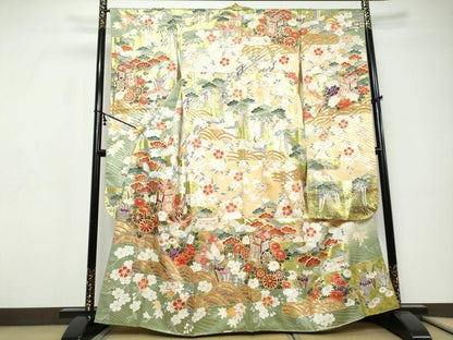 平和屋着物●豪華振袖　駒刺繍　飛鶴御所車草花文　金彩　正絹　逸品　DABI9310ud