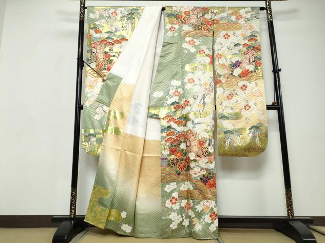 平和屋着物●豪華振袖　駒刺繍　飛鶴御所車草花文　金彩　正絹　逸品　DABI9310ud