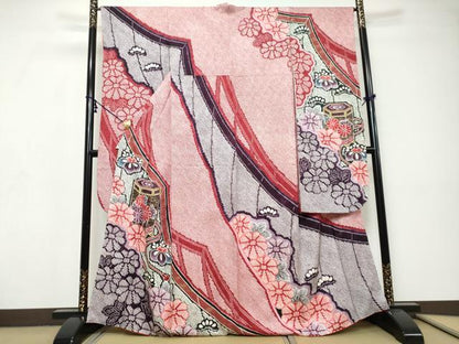 平和屋着物●豪華振袖　総絞り　貝桶草花文　金彩　正絹　逸品　DABI9311ud