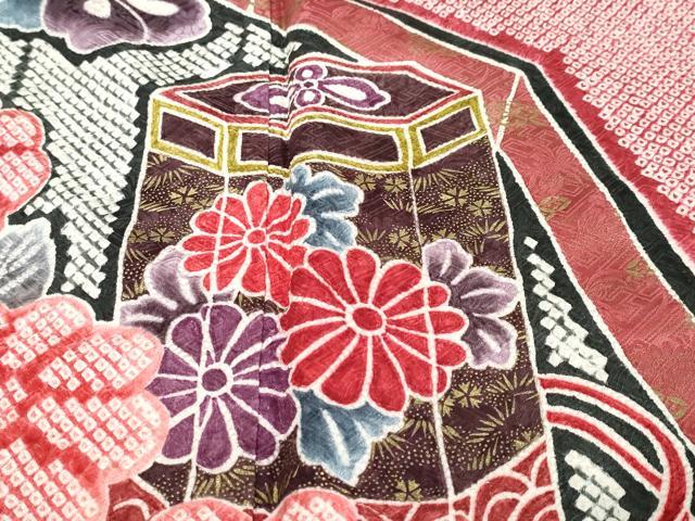 平和屋着物●豪華振袖　総絞り　貝桶草花文　金彩　正絹　逸品　DABI9311ud