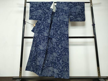 平和屋着物●久留米絣　単衣　唐草文　綿　逸品　DABI9321ud
