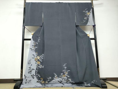平和屋着物●訪問着　刺繍　枝花文　シルエット　金彩　鬼しぼ縮緬　やまと誂製　ロング丈　正絹　逸品　DABI9323ud