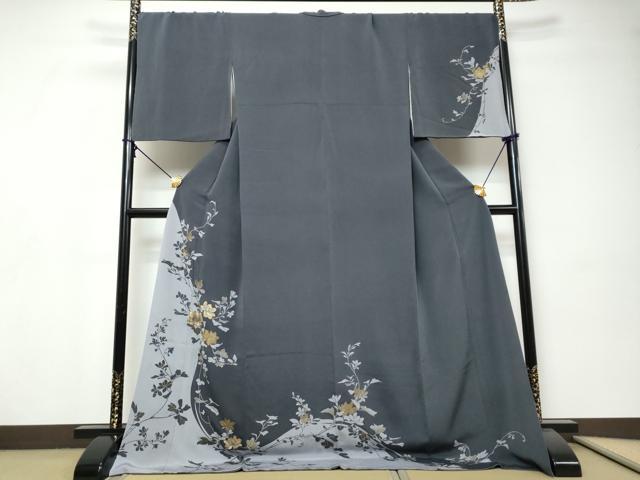 平和屋着物●訪問着　刺繍　枝花文　シルエット　金彩　鬼しぼ縮緬　やまと誂製　ロング丈　正絹　逸品　DABI9323ud