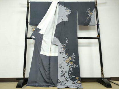 平和屋着物●訪問着　刺繍　枝花文　シルエット　金彩　鬼しぼ縮緬　やまと誂製　ロング丈　正絹　逸品　DABI9323ud