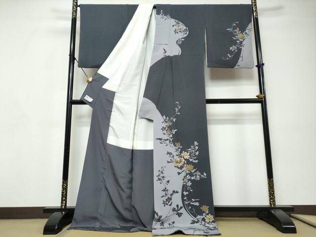 平和屋着物●訪問着　刺繍　枝花文　シルエット　金彩　鬼しぼ縮緬　やまと誂製　ロング丈　正絹　逸品　DABI9323ud