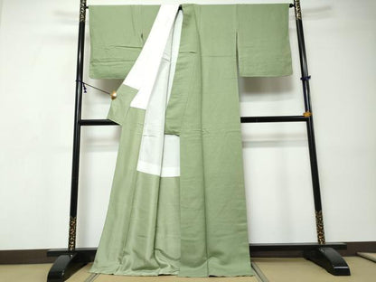 平和屋着物●上質な色無地　紋意匠　山葵色　ロング丈　正絹　逸品　未使用　DABI9336ud