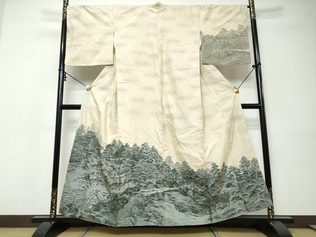 平和屋着物●訪問着　小千谷紬　100亀甲　樹林風景文　やまと誂製　正絹　逸品　DABI9347ud