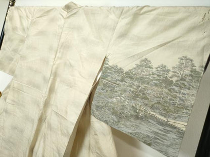 平和屋着物●訪問着　小千谷紬　100亀甲　樹林風景文　やまと誂製　正絹　逸品　DABI9347ud