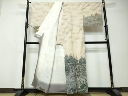 平和屋着物●訪問着　小千谷紬　100亀甲　樹林風景文　やまと誂製　正絹　逸品　DABI9347ud