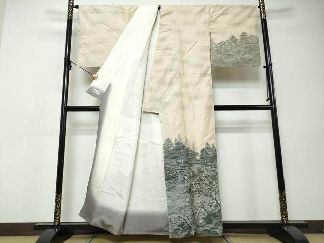 平和屋着物●訪問着　小千谷紬　100亀甲　樹林風景文　やまと誂製　正絹　逸品　DABI9347ud