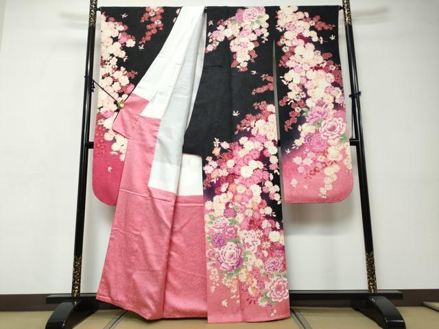 平和屋着物●豪華振袖・長襦袢セット（袷）駒刺繍 草花文 暈し染め 黒地 銀通し地 京都きもの友禅扱い 半衿刺繍 正絹 逸品 DABI9352ud
