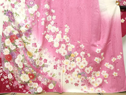 平和屋着物●豪華振袖・長襦袢セット（無双仕立て）　熨斗草花文　暈し染め　金彩　京都きもの友禅扱い　半衿刺繍　正絹　逸品　DABI9355ud
