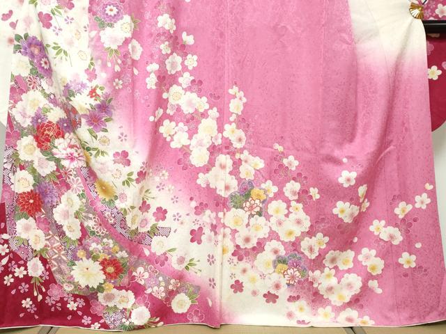 平和屋着物●豪華振袖・長襦袢セット（無双仕立て）　熨斗草花文　暈し染め　金彩　京都きもの友禅扱い　半衿刺繍　正絹　逸品　DABI9355ud