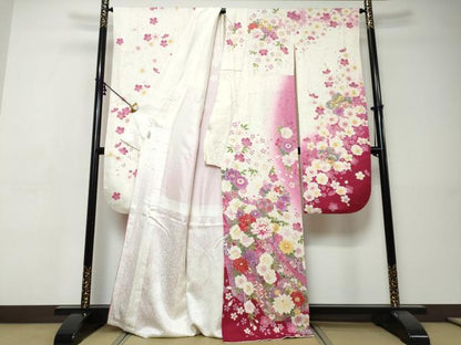 平和屋着物●豪華振袖・長襦袢セット（無双仕立て）　熨斗草花文　暈し染め　金彩　京都きもの友禅扱い　半衿刺繍　正絹　逸品　DABI9355ud