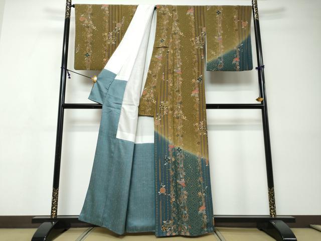 平和屋着物●訪問着　草花文　暈し染め　金彩　鬼しぼ縮緬　正絹　逸品　DABI9364ud