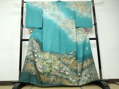 平和屋着物●訪問着　作家物　刺繍　流水草花文　金彩　金通し地　正絹　逸品　DABI9369ud
