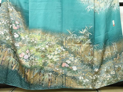 平和屋着物●訪問着　作家物　刺繍　流水草花文　金彩　金通し地　正絹　逸品　DABI9369ud