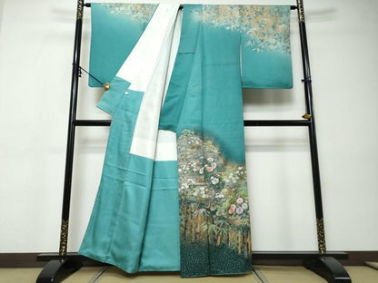 平和屋着物●訪問着　作家物　刺繍　流水草花文　金彩　金通し地　正絹　逸品　DABI9369ud
