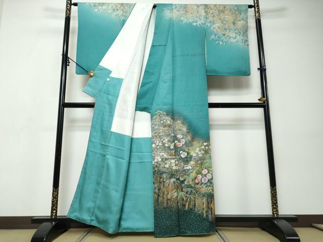 平和屋着物●訪問着　作家物　刺繍　流水草花文　金彩　金通し地　正絹　逸品　DABI9369ud