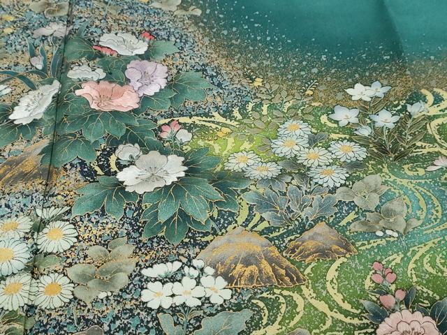 平和屋着物●訪問着　作家物　刺繍　流水草花文　金彩　金通し地　正絹　逸品　DABI9369ud