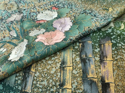 平和屋着物●訪問着　作家物　刺繍　流水草花文　金彩　金通し地　正絹　逸品　DABI9369ud