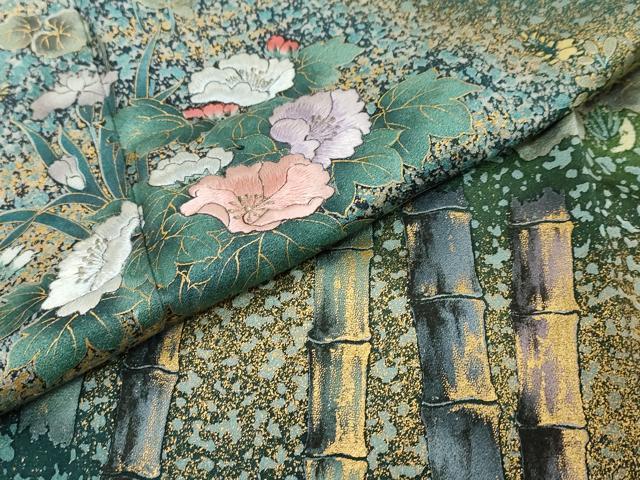 平和屋着物●訪問着　作家物　刺繍　流水草花文　金彩　金通し地　正絹　逸品　DABI9369ud