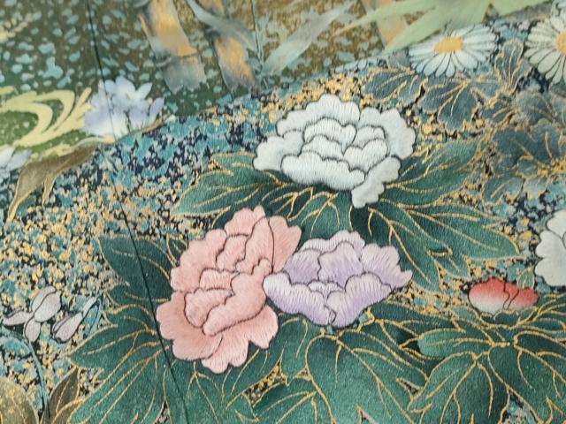 平和屋着物●訪問着　作家物　刺繍　流水草花文　金彩　金通し地　正絹　逸品　DABI9369ud