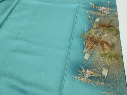 平和屋着物●訪問着　作家物　刺繍　流水草花文　金彩　金通し地　正絹　逸品　DABI9369ud