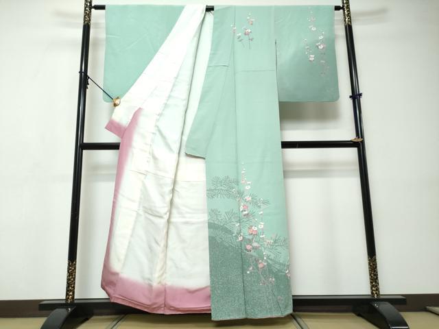 平和屋着物●訪問着　友禅　作家物　枝花文　シルエット　正絹　逸品　DABI9372ud