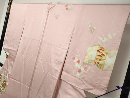 平和屋着物●訪問着　駒刺繍　屏風草花文　金彩　正絹　逸品　DABI9382ud
