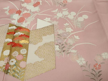 平和屋着物●訪問着　駒刺繍　屏風草花文　金彩　正絹　逸品　DABI9382ud