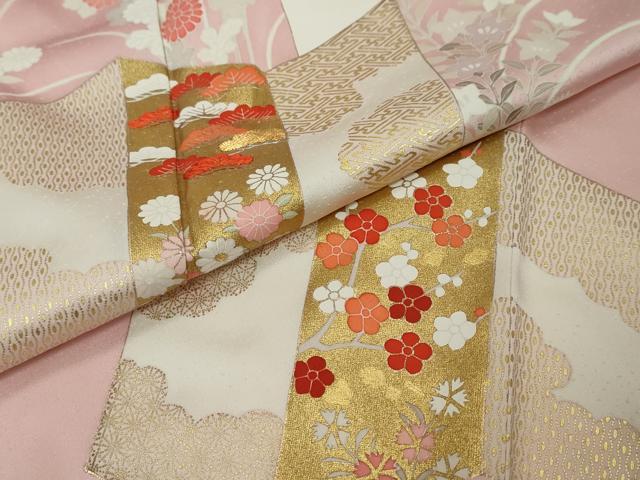 平和屋着物●訪問着　駒刺繍　屏風草花文　金彩　正絹　逸品　DABI9382ud