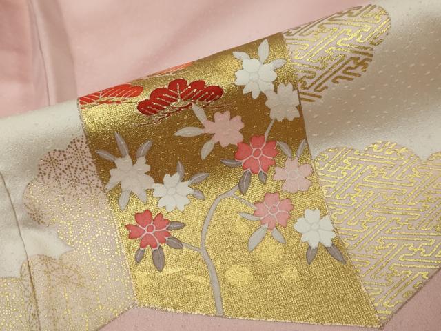 平和屋着物●訪問着　駒刺繍　屏風草花文　金彩　正絹　逸品　DABI9382ud
