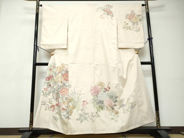 平和屋着物●訪問着　紬地　草花文　正絹　逸品　DABI9386ud