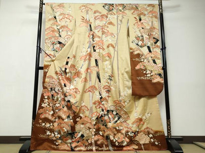 平和屋着物●豪華振袖　地紙御所車飛鶴花文　暈し染め　金彩　正絹　逸品　DABI9387ud