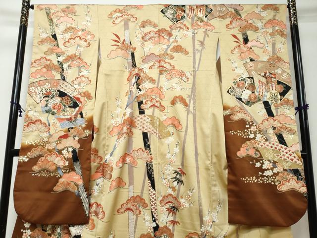 平和屋着物●豪華振袖　地紙御所車飛鶴花文　暈し染め　金彩　正絹　逸品　DABI9387ud
