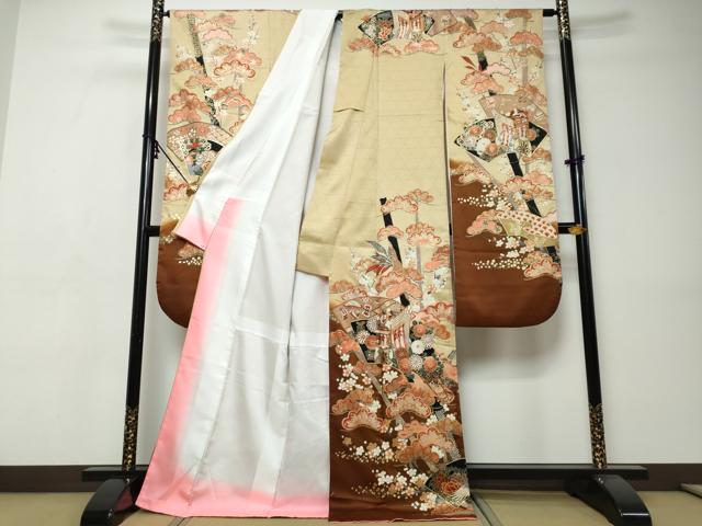 平和屋着物●豪華振袖　地紙御所車飛鶴花文　暈し染め　金彩　正絹　逸品　DABI9387ud