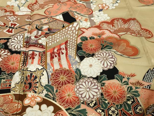 平和屋着物●豪華振袖　地紙御所車飛鶴花文　暈し染め　金彩　正絹　逸品　DABI9387ud