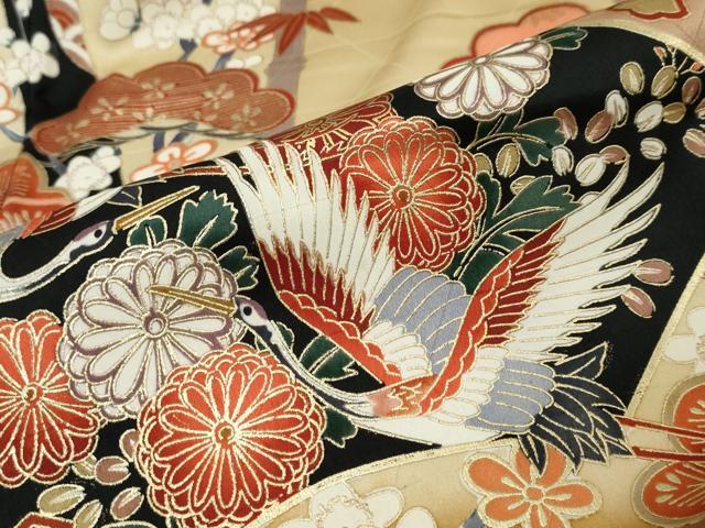平和屋着物●豪華振袖　地紙御所車飛鶴花文　暈し染め　金彩　正絹　逸品　DABI9387ud