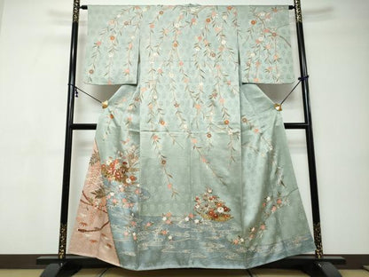 平和屋着物●訪問着　駒刺繍　小舟草花文　金彩　正絹　逸品　DABI9396ud