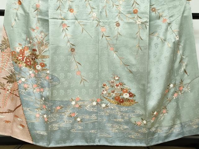 平和屋着物●訪問着　駒刺繍　小舟草花文　金彩　正絹　逸品　DABI9396ud
