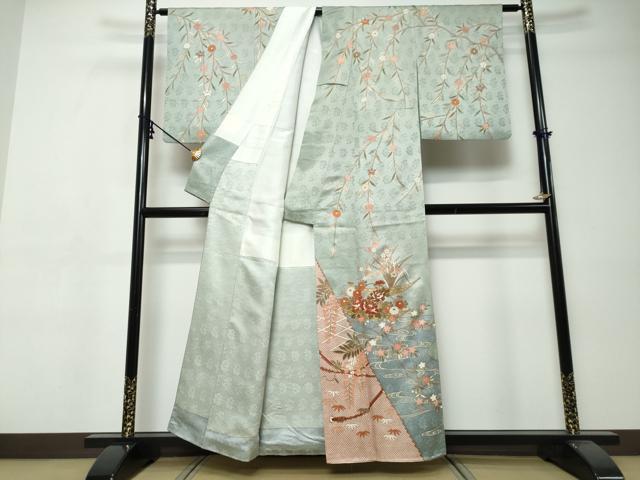 平和屋着物●訪問着　駒刺繍　小舟草花文　金彩　正絹　逸品　DABI9396ud