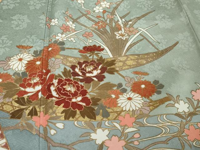 平和屋着物●訪問着　駒刺繍　小舟草花文　金彩　正絹　逸品　DABI9396ud
