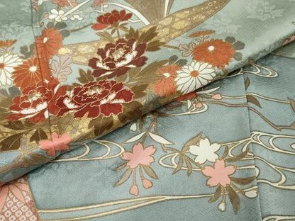 平和屋着物●訪問着　駒刺繍　小舟草花文　金彩　正絹　逸品　DABI9396ud