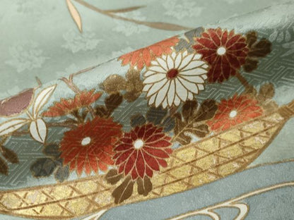 平和屋着物●訪問着　駒刺繍　小舟草花文　金彩　正絹　逸品　DABI9396ud