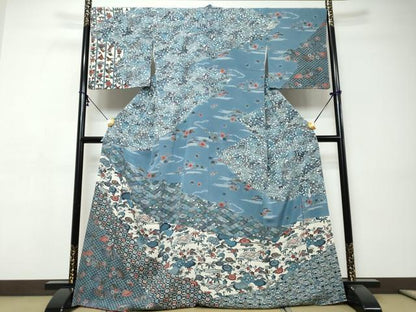 平和屋着物●江戸紅型　五味桂子　訪問着　型染め　扇面飛鶴草花文　正絹　逸品　DABI9398ud