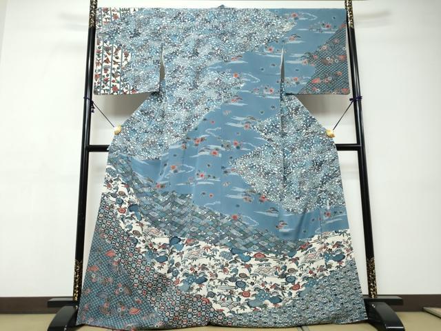 平和屋着物●江戸紅型　五味桂子　訪問着　型染め　扇面飛鶴草花文　正絹　逸品　DABI9398ud